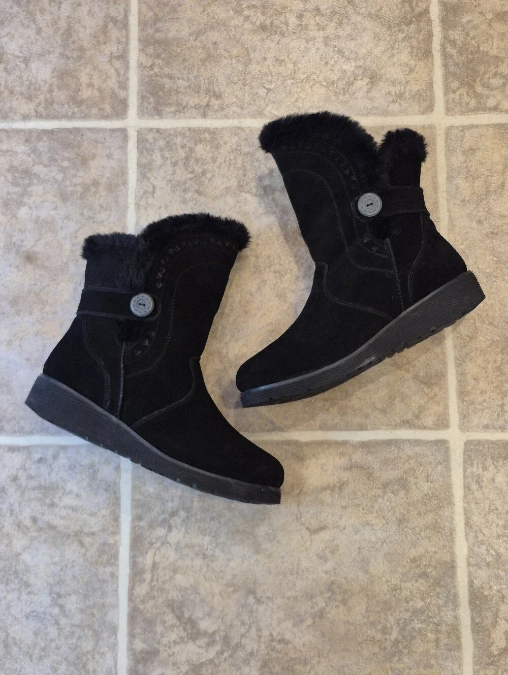 Skechers Keepsakes Wedge Cozy Peak Black Leather Ankle Boots Size 7.5